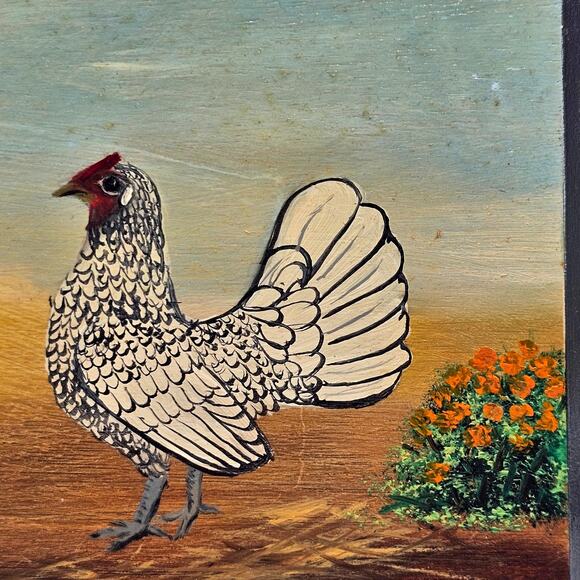 Hand-Painted White Rooster & Chicken Farmhouse Wall Art - 5x7 Wood Artist Signed - Picture 3 of 5